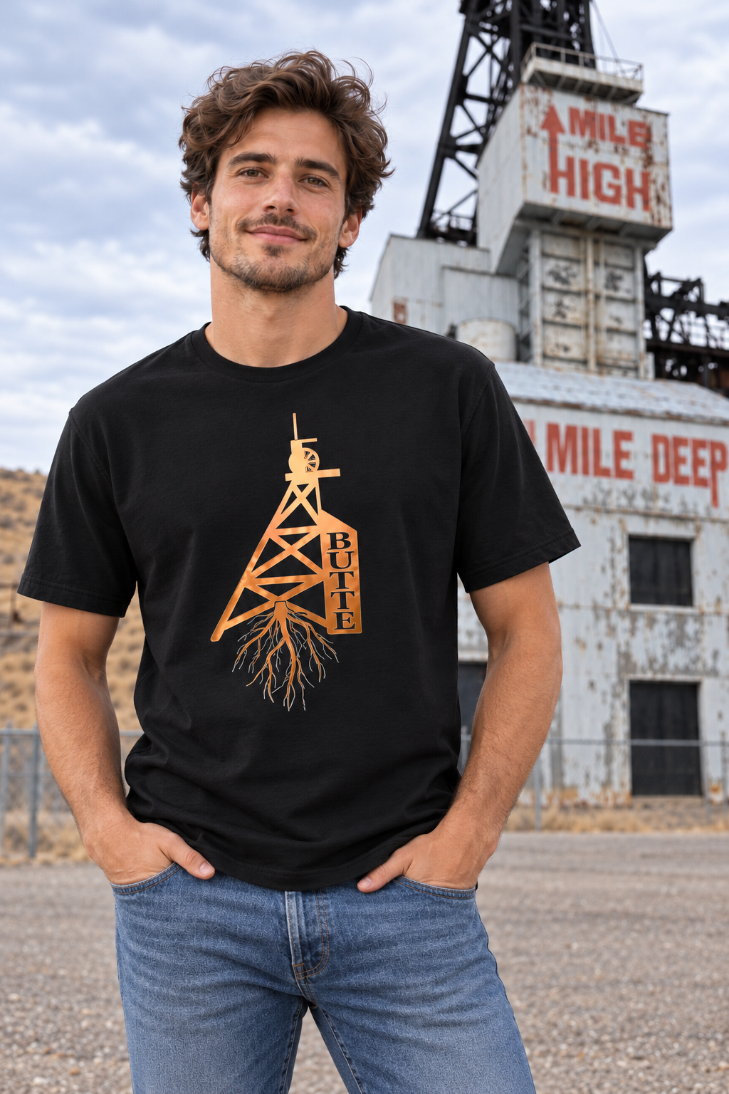 Butte Roots T-Shirt w/ Copper Vinyl in Black, male model at Mile High / Mile Deep in Butte